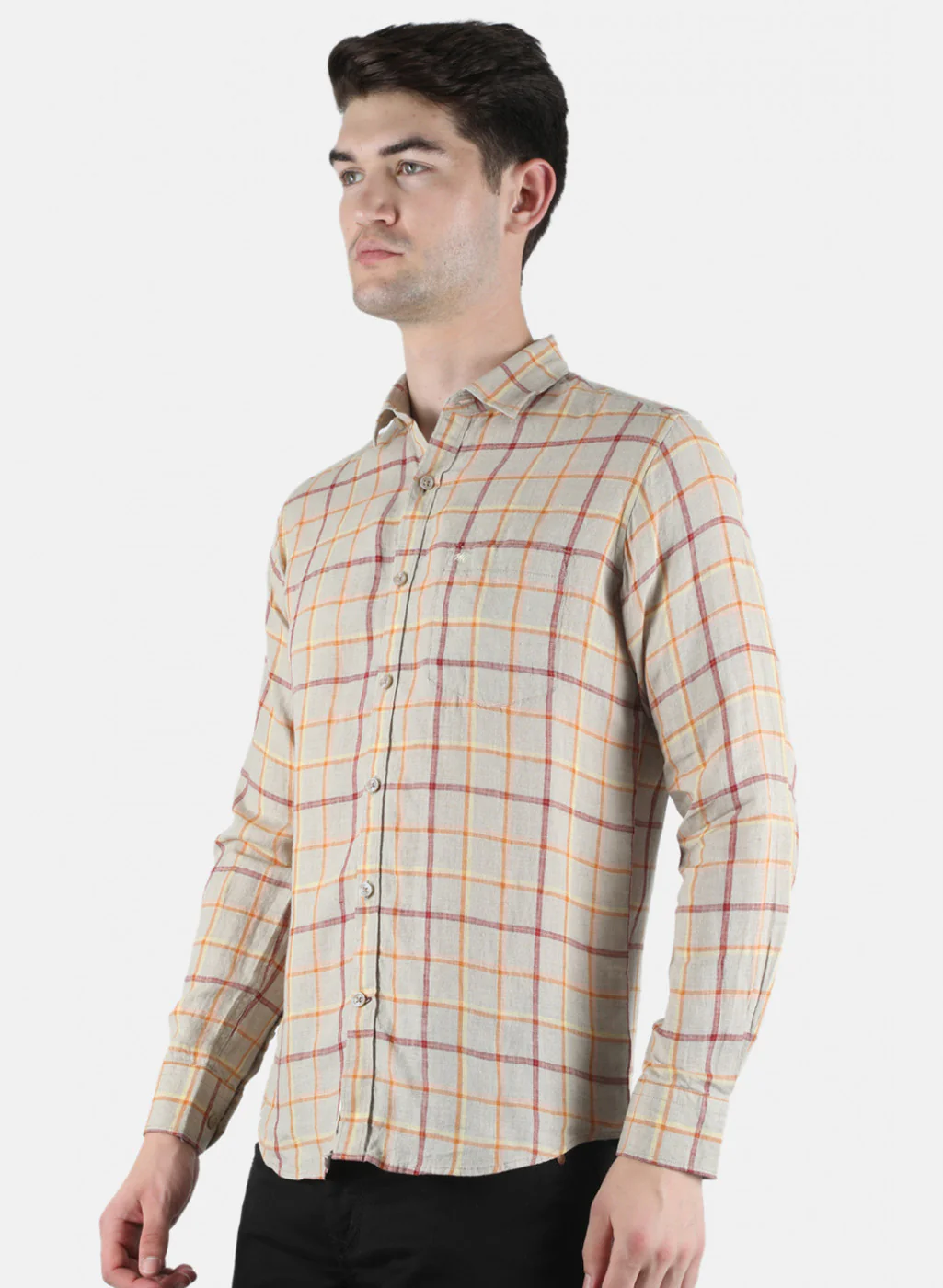 Men Beige Check Linen Shirt - Image 2
