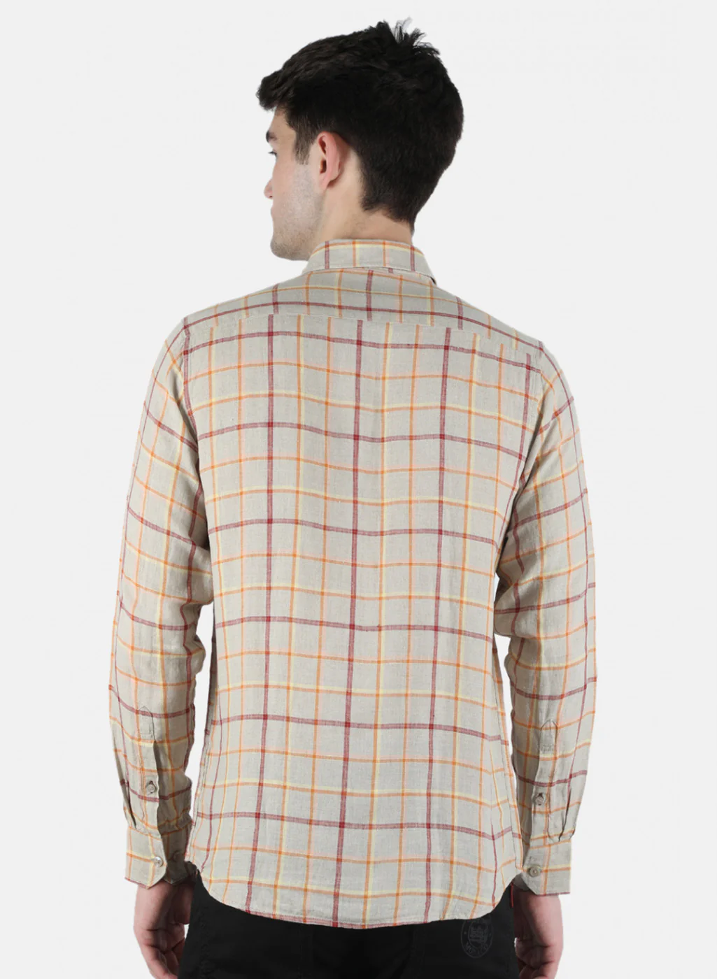 Men Beige Check Linen Shirt - Image 3