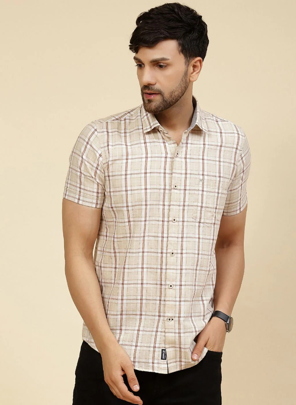 Men Beige Check Shirt - Image 2