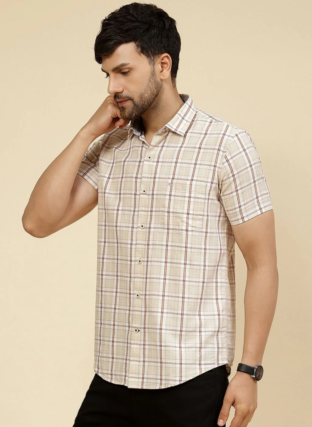 Men Beige Check Shirt - Image 3