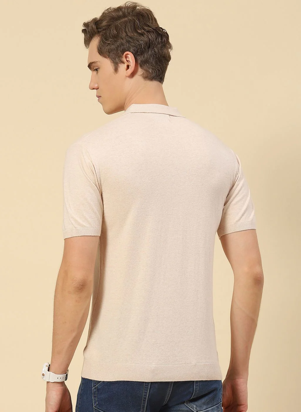 Men Beige Plain T-Shirt - Image 4