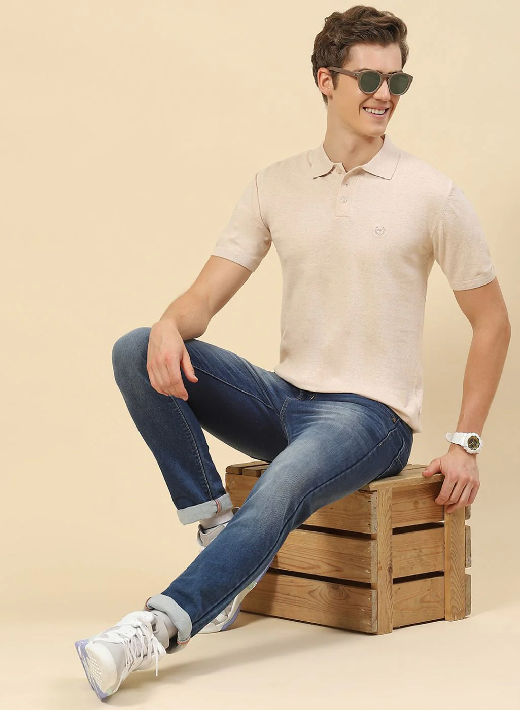 Men Beige Plain T-Shirt - Image 5