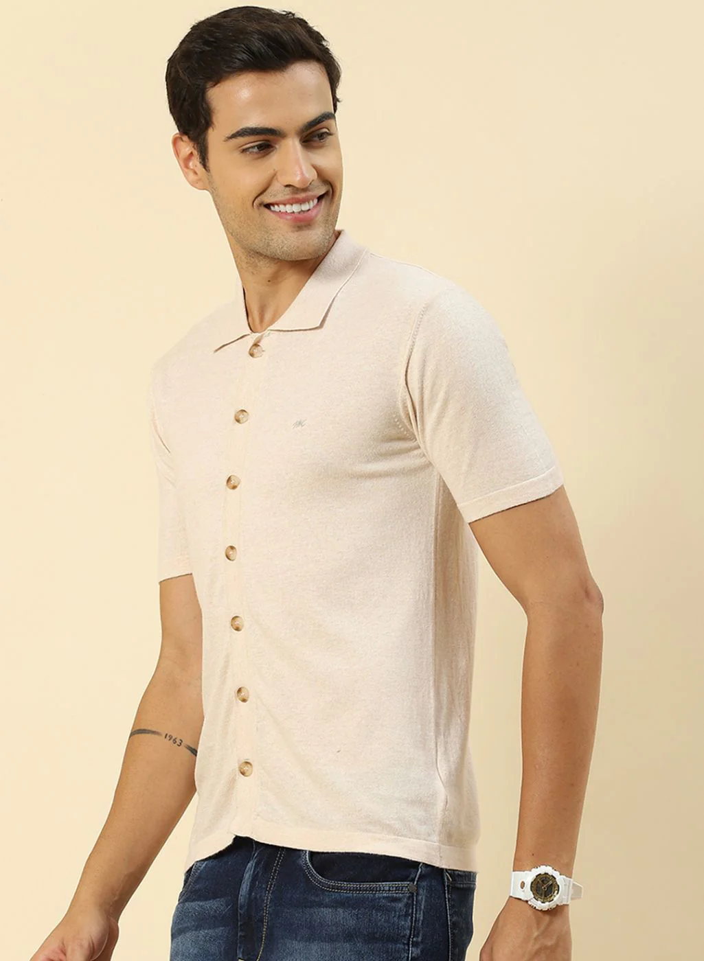 Men Beige Plain T-Shirt - Image 3