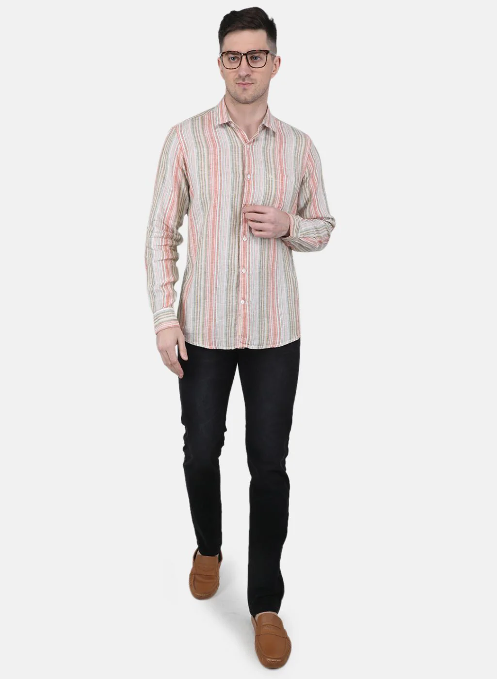 Men Beige Printed Linen Shirt - Image 4