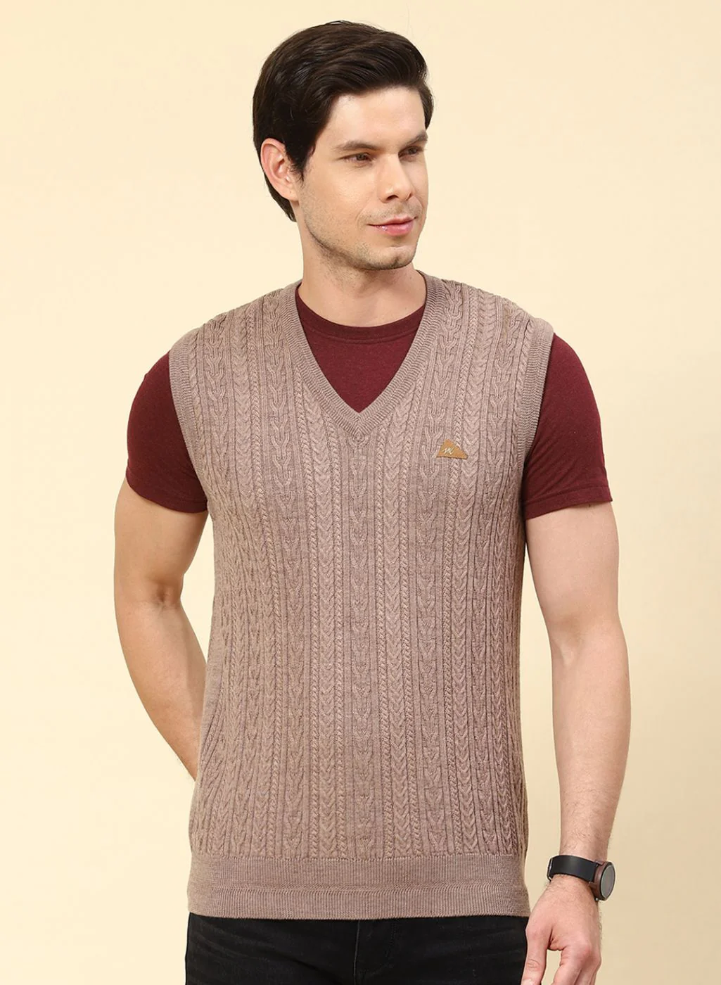 Men Beige Self Design Pure wool Sweater - Image 2