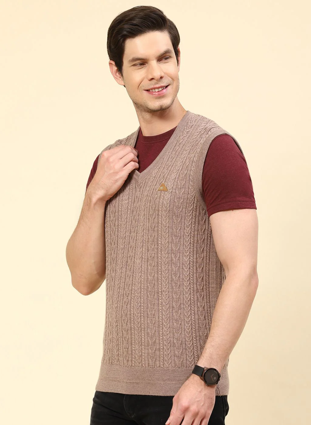 Men Beige Self Design Pure wool Sweater - Image 3