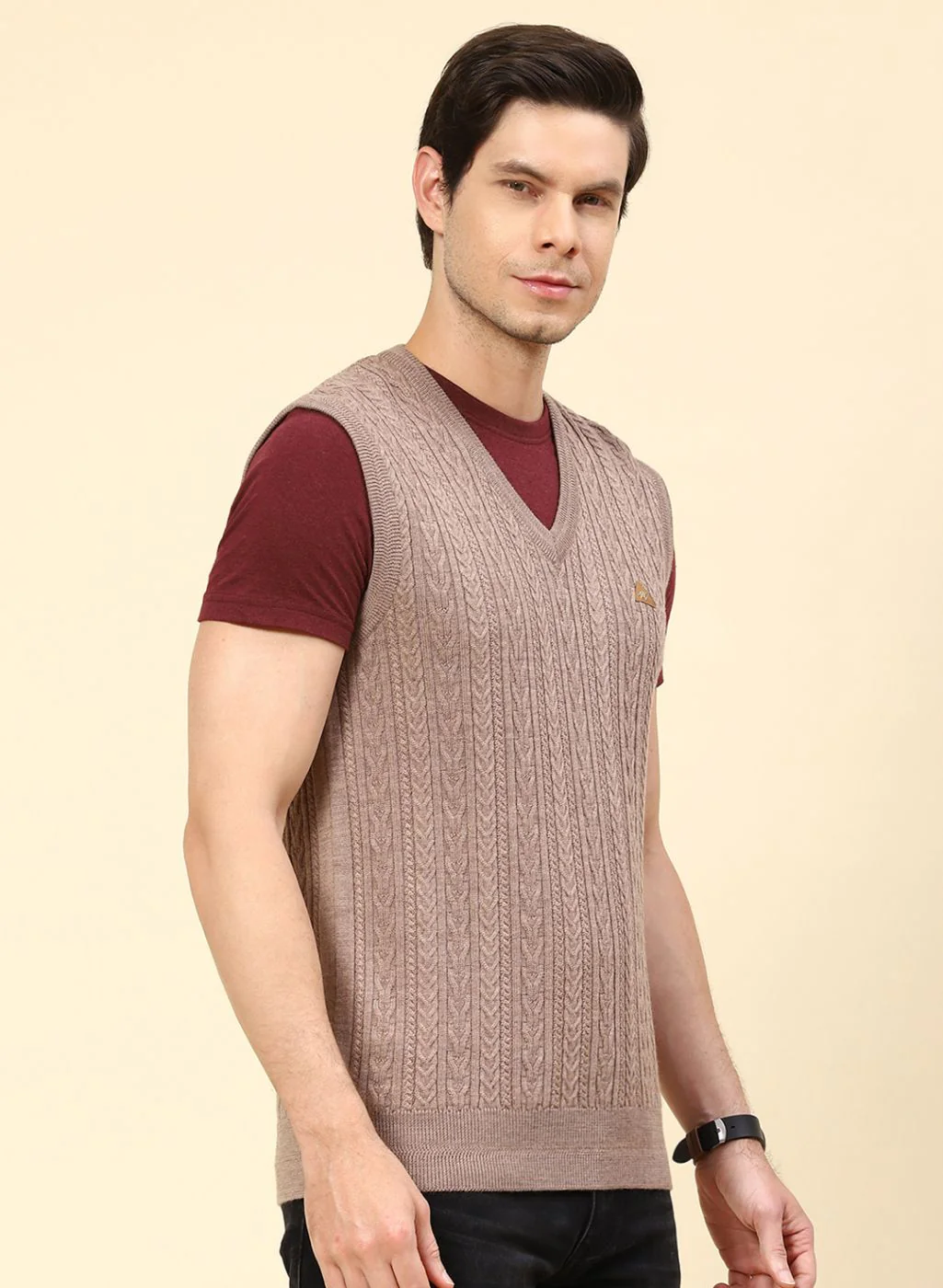 Men Beige Self Design Pure wool Sweater - Image 4