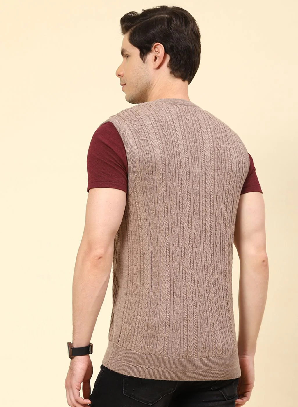 Men Beige Self Design Pure wool Sweater - Image 5
