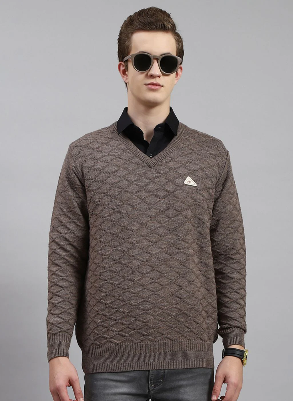 Men Beige Self Design Wool blend Pullover - Image 2