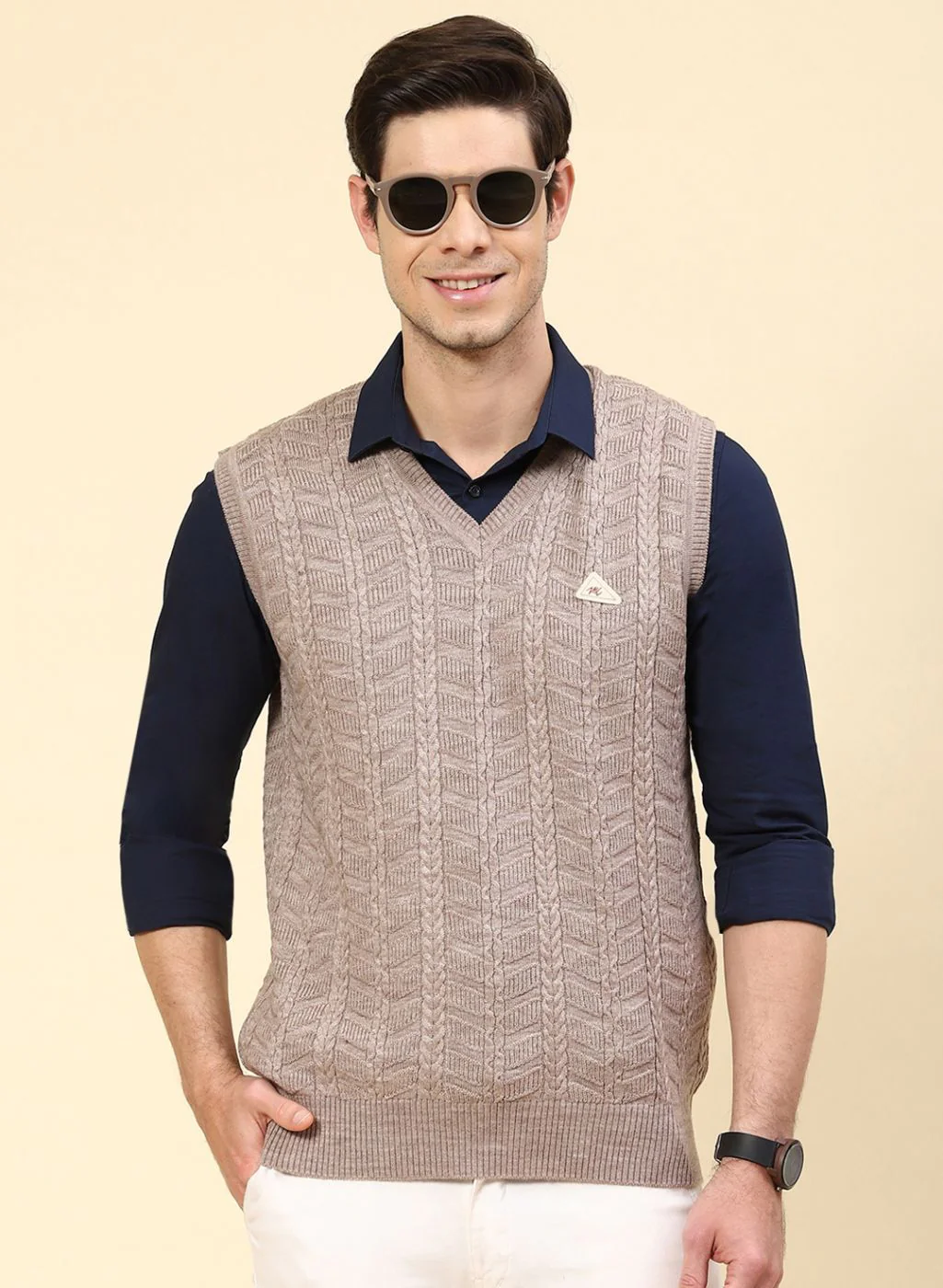 Men Beige Self Design Wool blend Sweater - Image 2