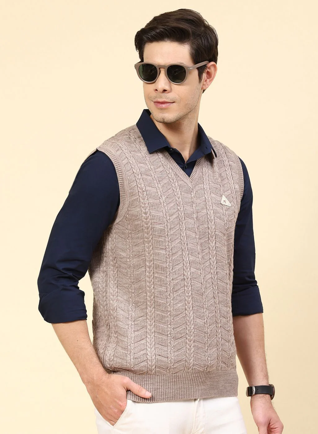 Men Beige Self Design Wool blend Sweater - Image 4