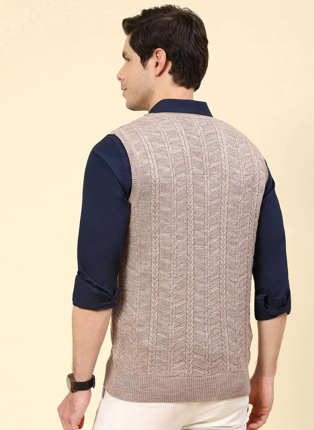 Men Beige Self Design Wool blend Sweater - Image 5