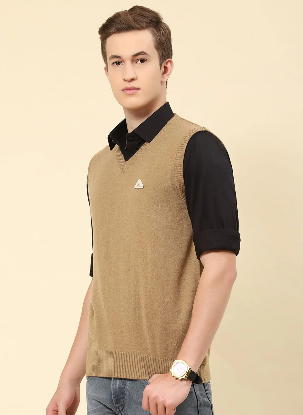 Men Beige Solid Blend wool Sweater - Image 3