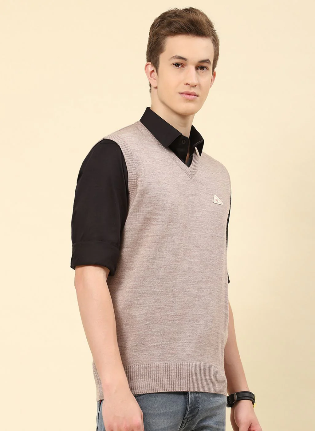 Men Beige Solid Blend wool Sweater - Image 4