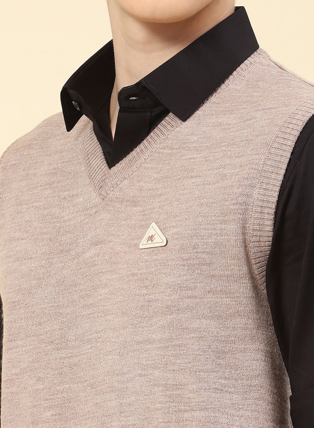 Men Beige Solid Blend wool Sweater - Image 6