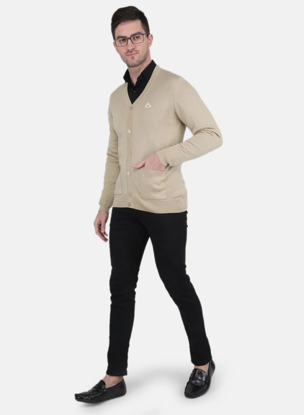 Men Beige Solid Cardigan - Image 2