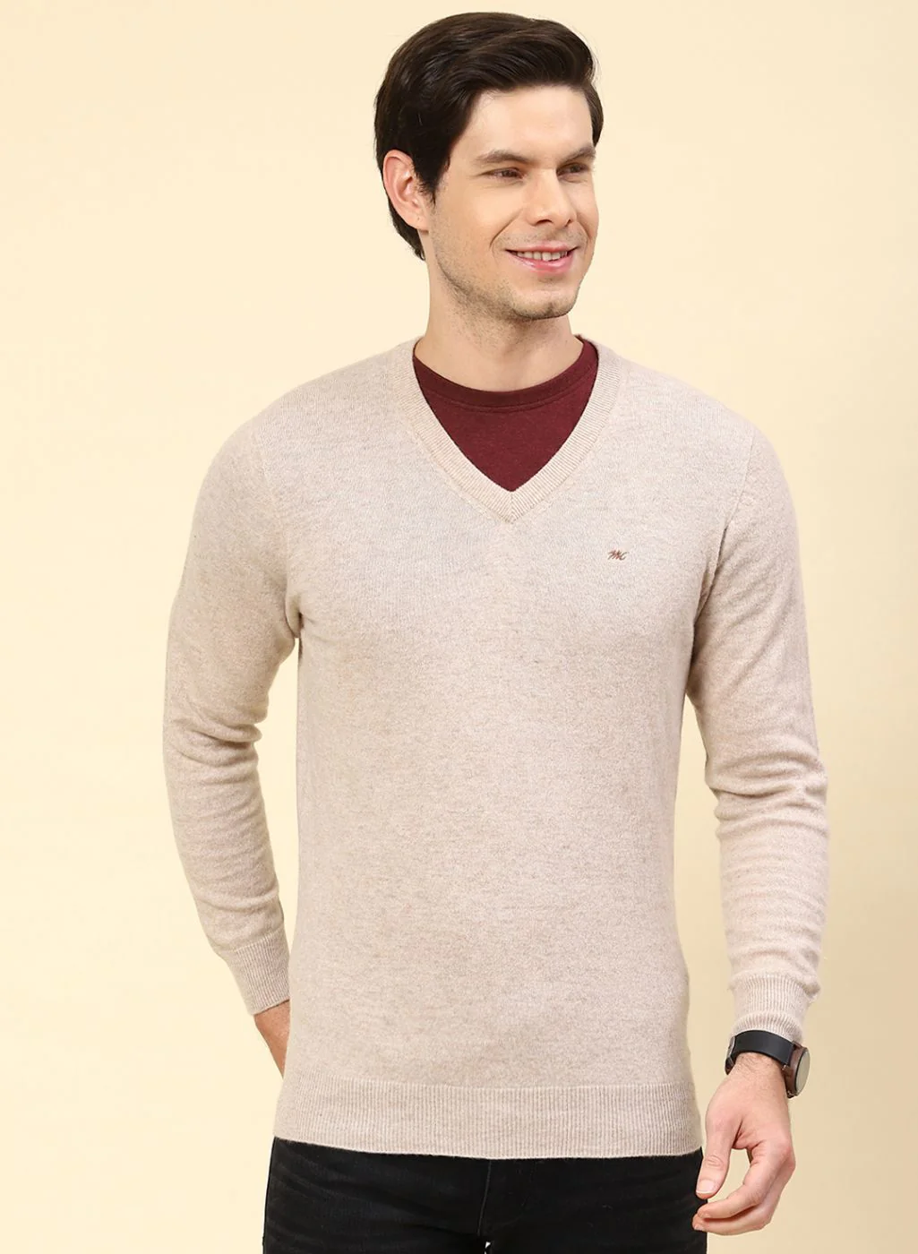 Men Beige Solid Lamb wool Pullover - Image 2