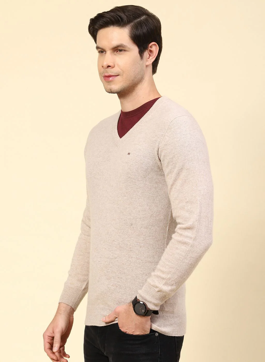 Men Beige Solid Lamb wool Pullover - Image 3