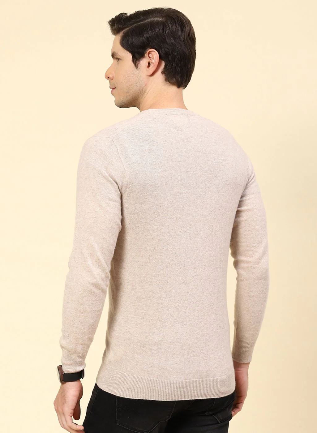 Men Beige Solid Lamb wool Pullover - Image 5