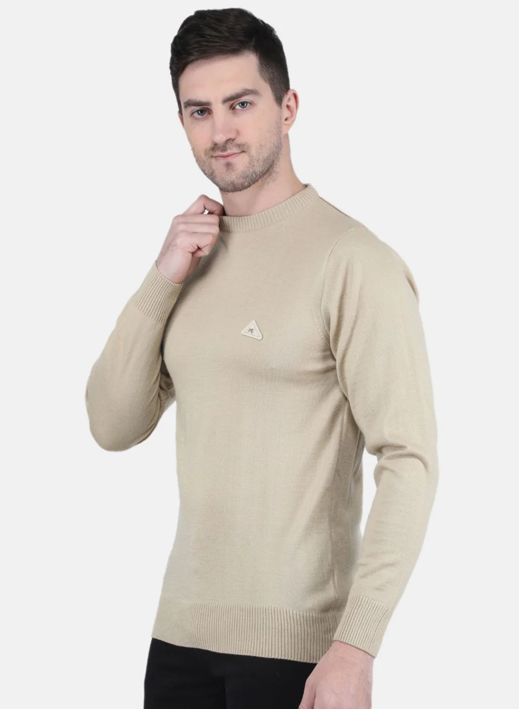 Men Beige Solid Pullover - Image 2