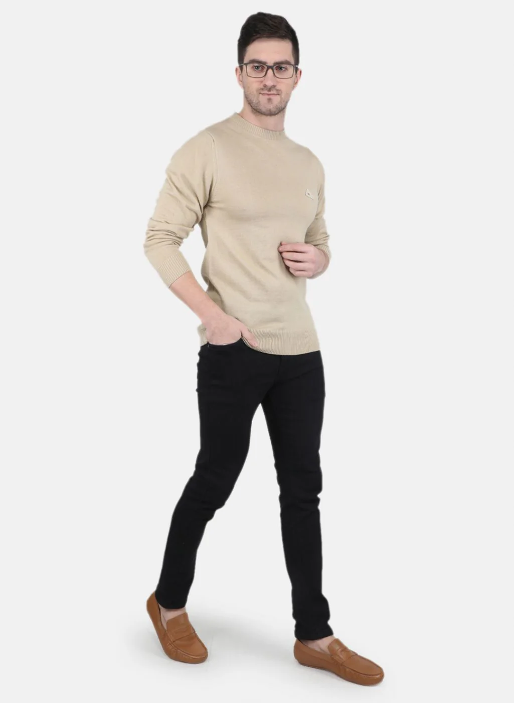 Men Beige Solid Pullover - Image 4