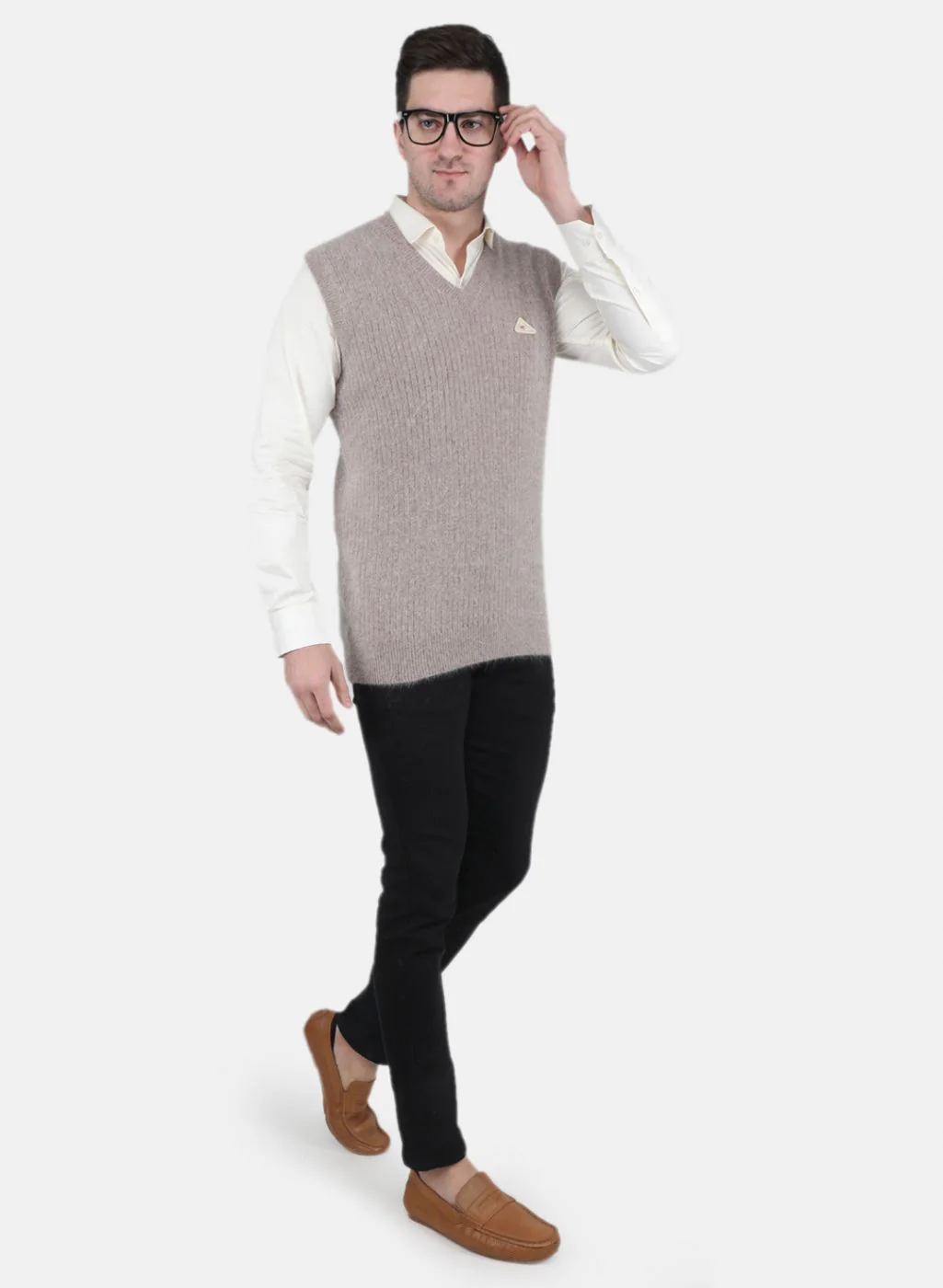 Men Beige Solid Sweater - Image 4
