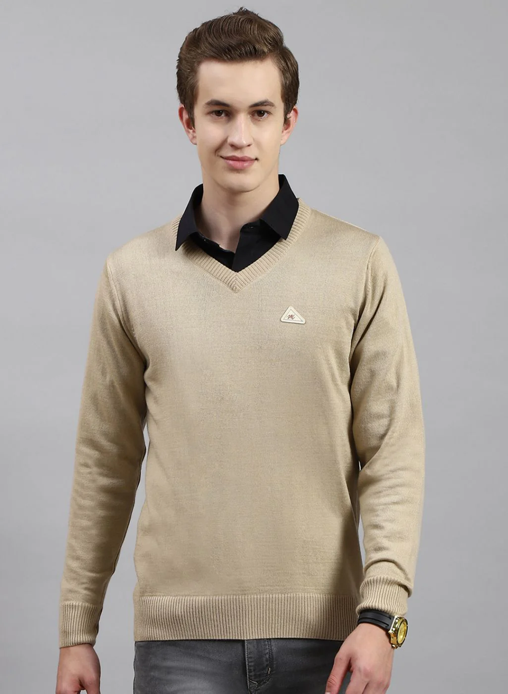 Men Beige Solid Wool blend Pullover - Image 2