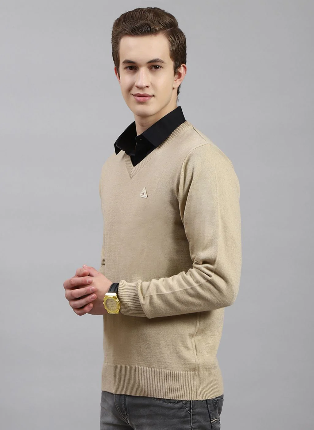 Men Beige Solid Wool blend Pullover - Image 3
