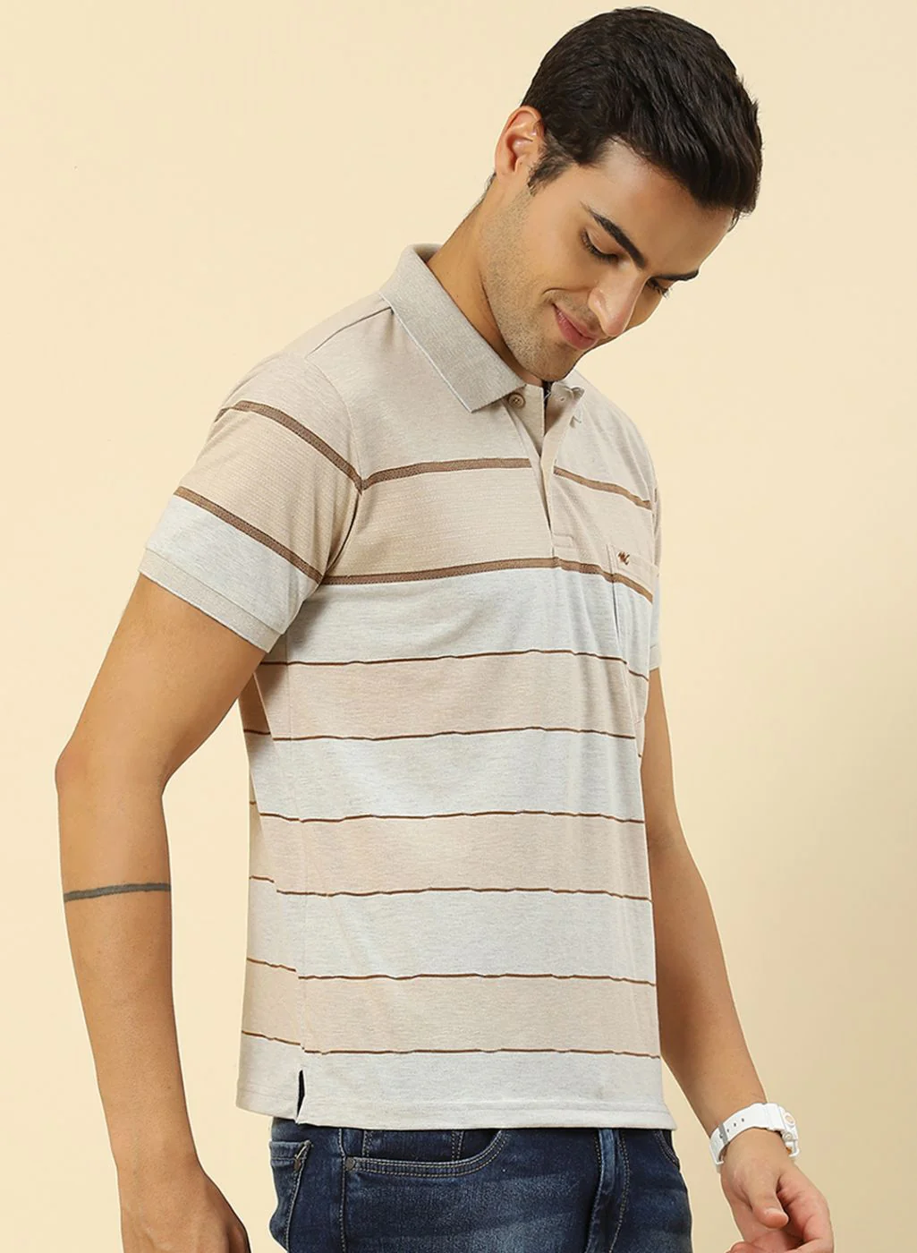 Men Beige Stripe T-Shirt - Image 3