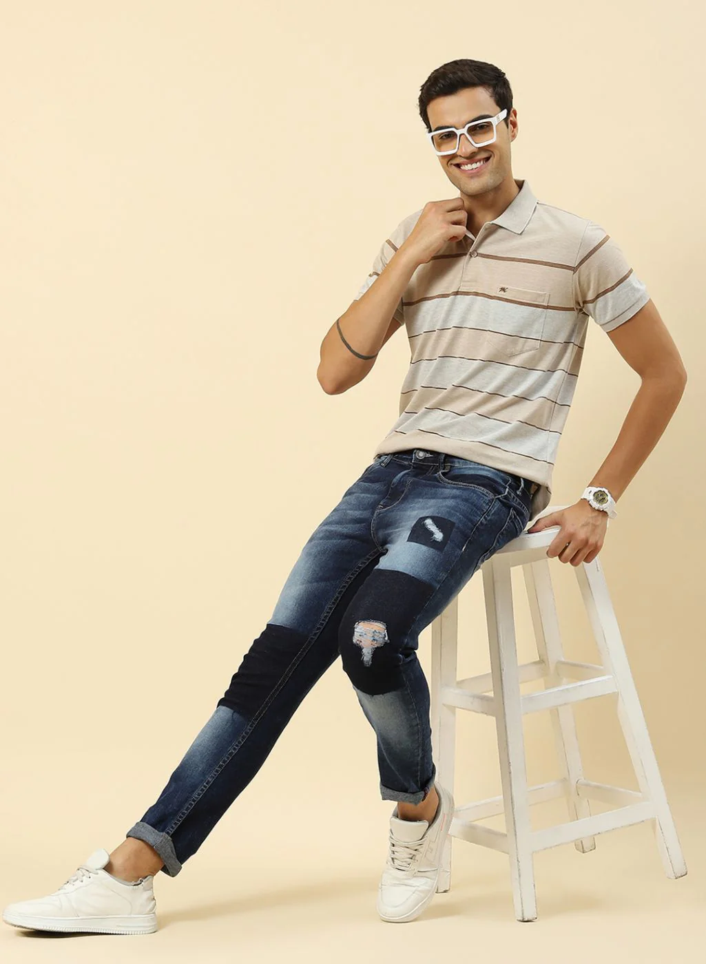 Men Beige Stripe T-Shirt - Image 5