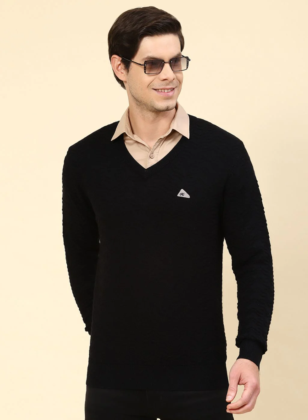 Men Black Self Design Pure wool Pullover - Image 2