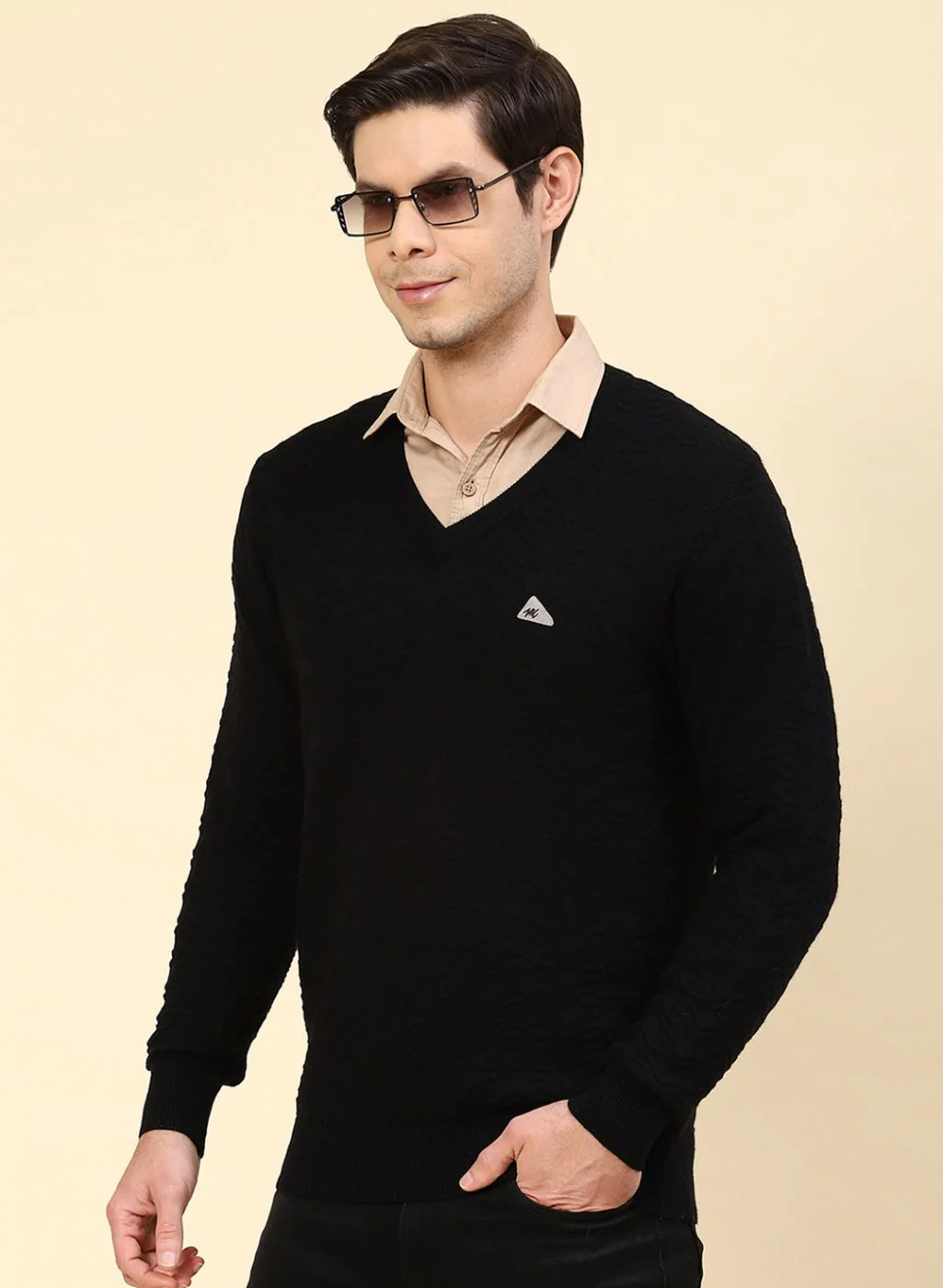 Men Black Self Design Pure wool Pullover - Image 3