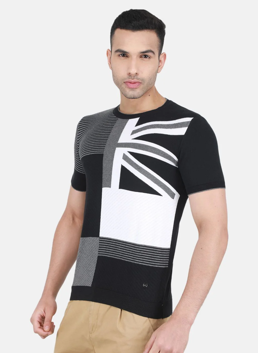 Men Black Self Design T-Shirt - Image 2