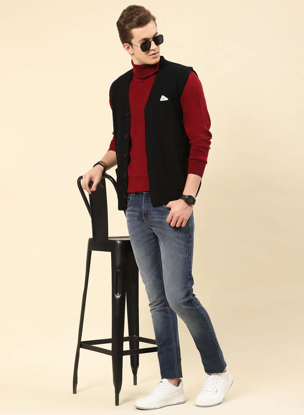 Men Black Solid Blend wool Cardigan - Image 2