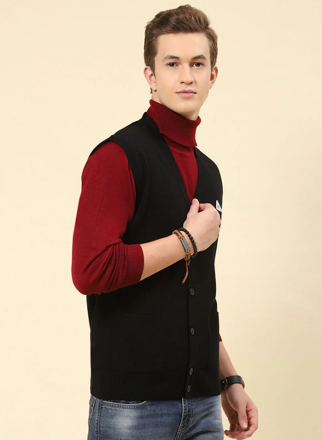 Men Black Solid Blend wool Cardigan - Image 4