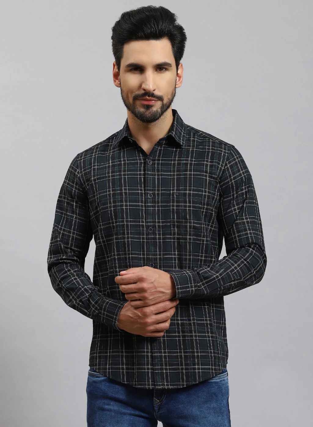 Men Blue Check Pure Cotton Shirt - Image 2