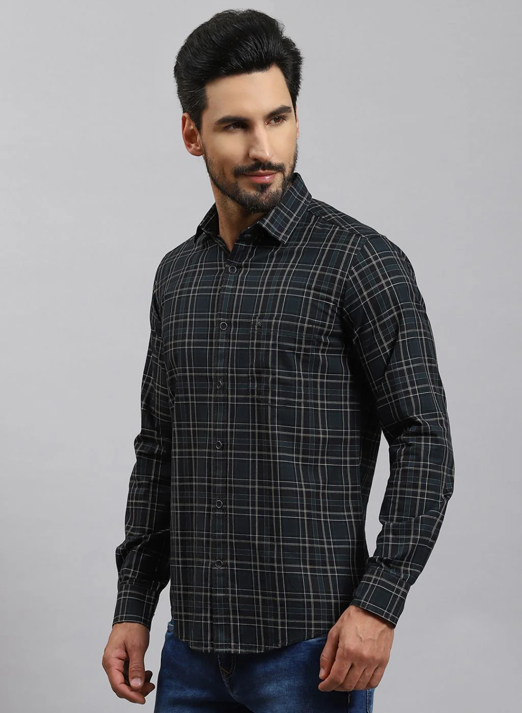 Men Blue Check Pure Cotton Shirt - Image 3