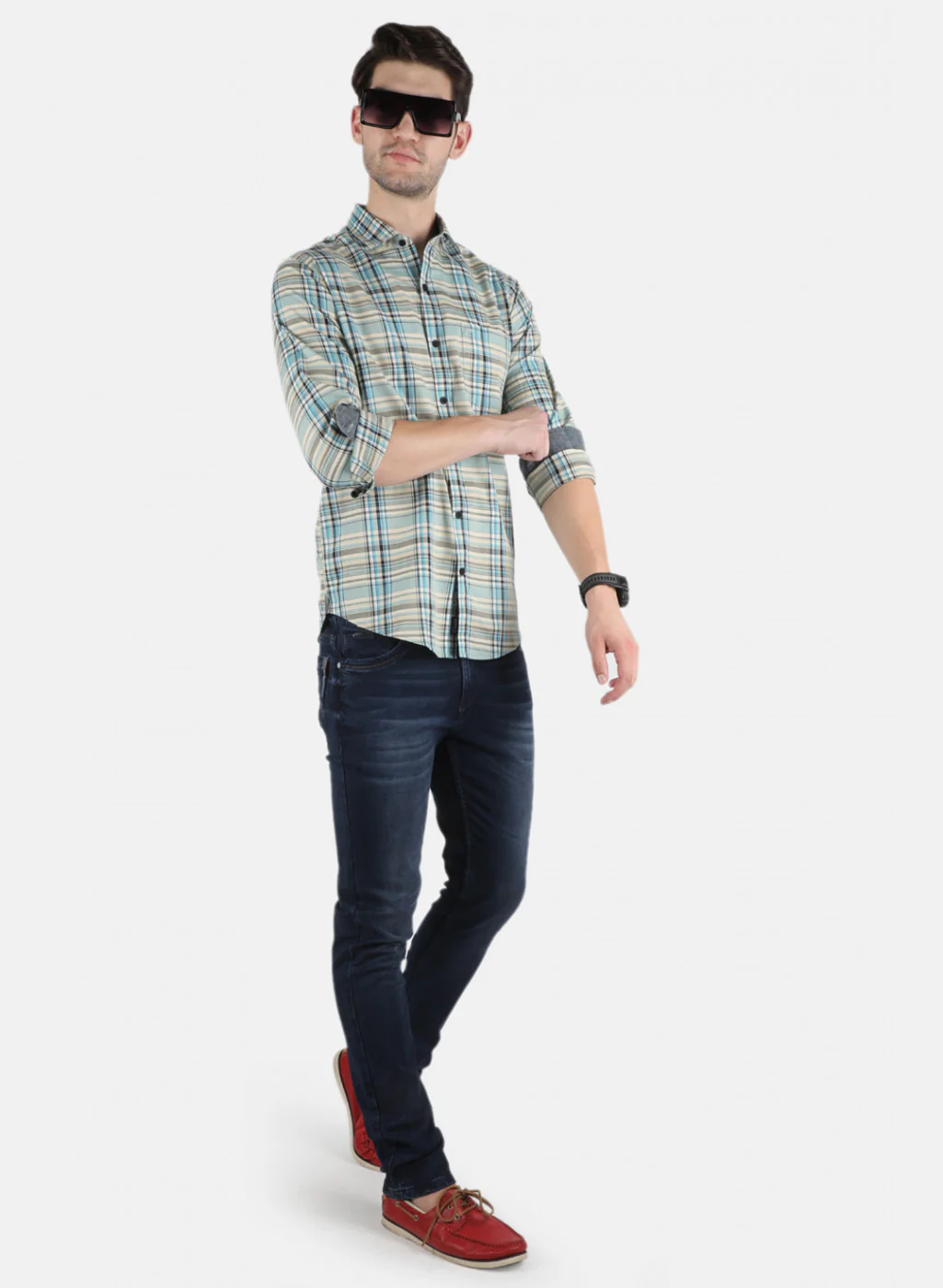 Men Blue Check Shirt - Image 4