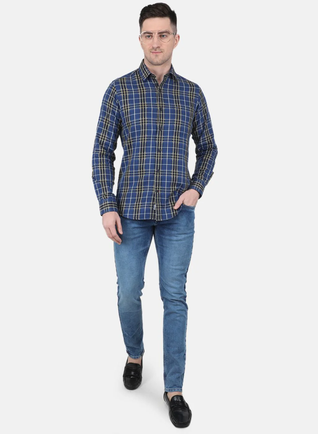 Men Blue Check Shirt - Image 4