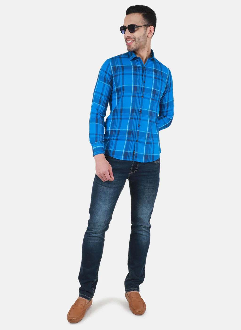 Men Blue Check Shirt - Image 4