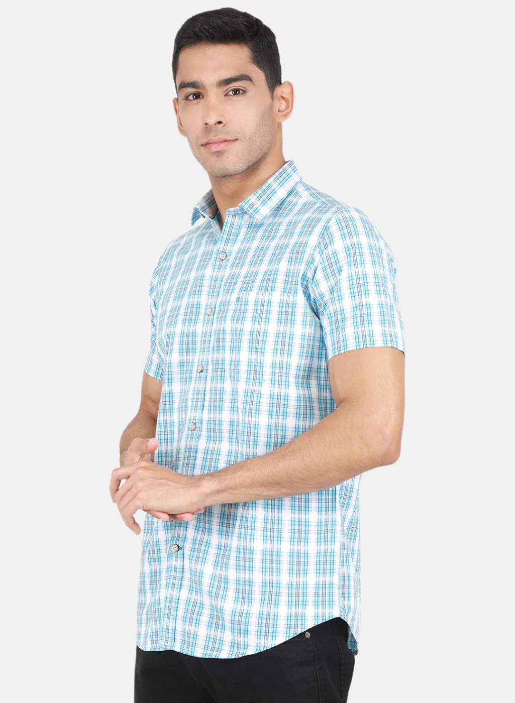 Men Blue Check Shirt - Image 2