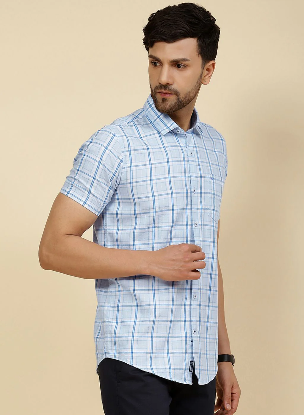 Men Blue Check Shirt - Image 4