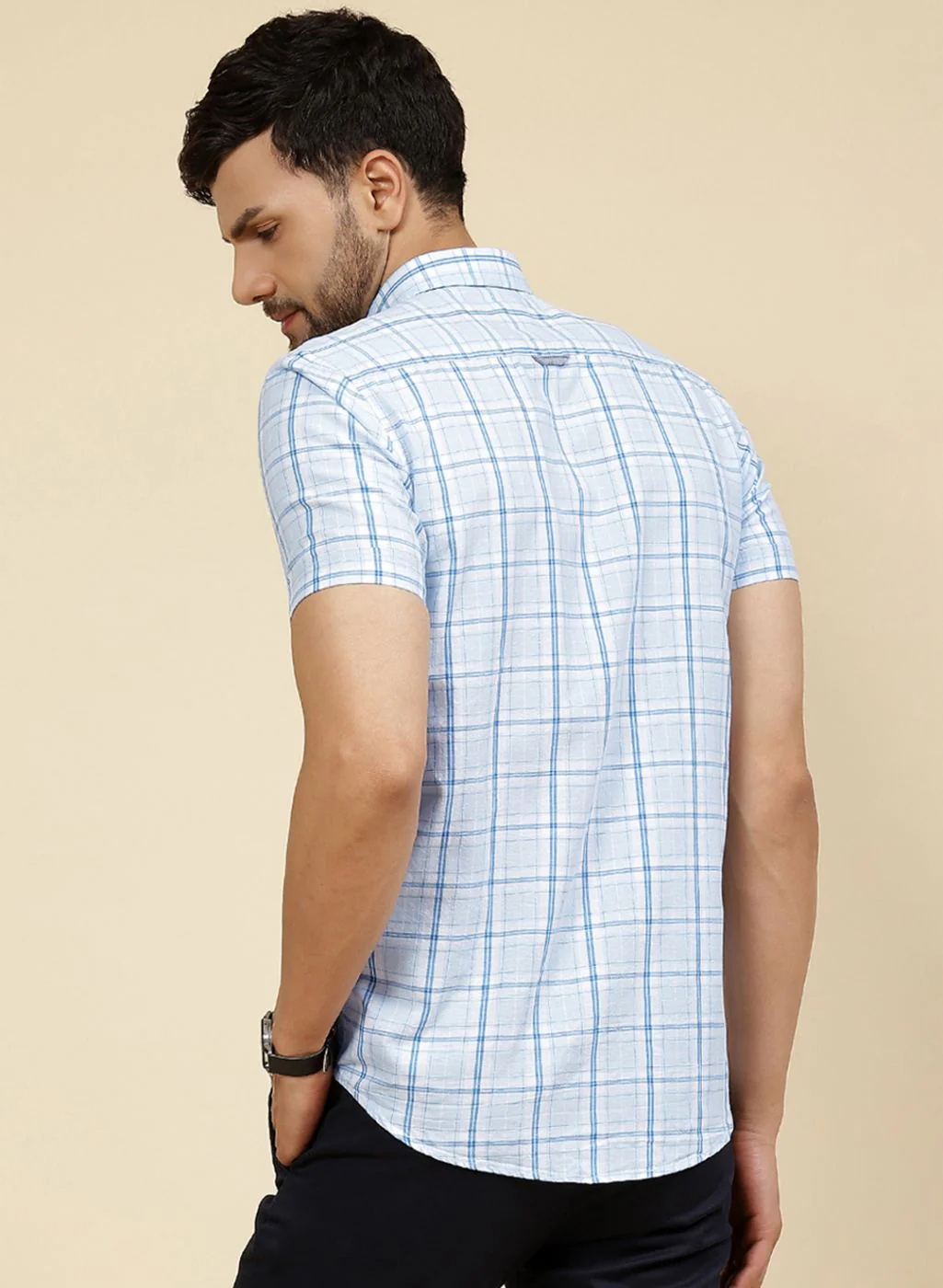 Men Blue Check Shirt - Image 5