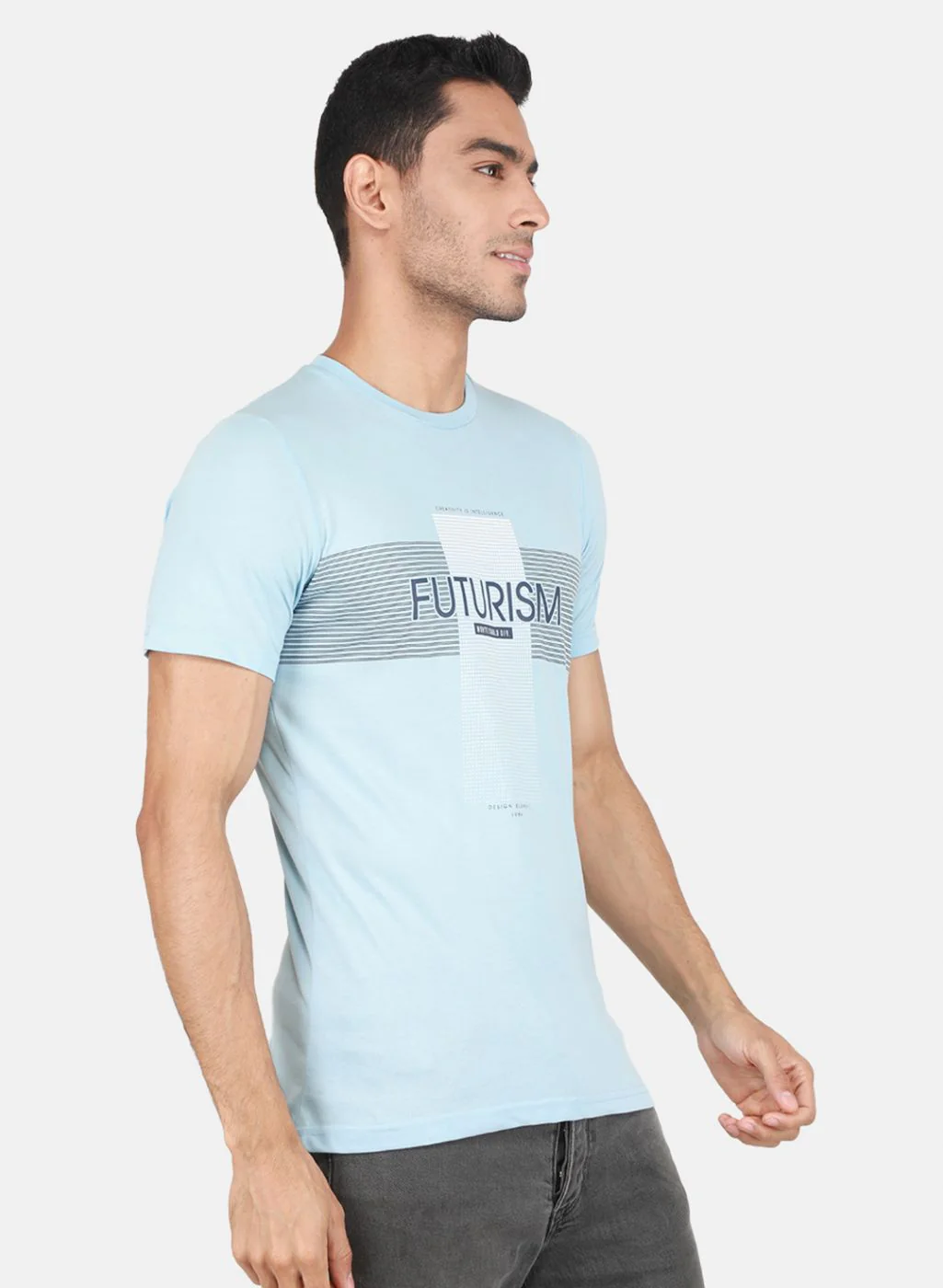Men Blue & Grey Solid T-Shirt - Image 7