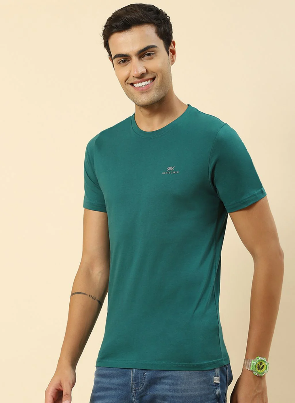 Men Sky Blue, Green & Navy Blue Pack of 3 Plain T-Shirt - Image 3