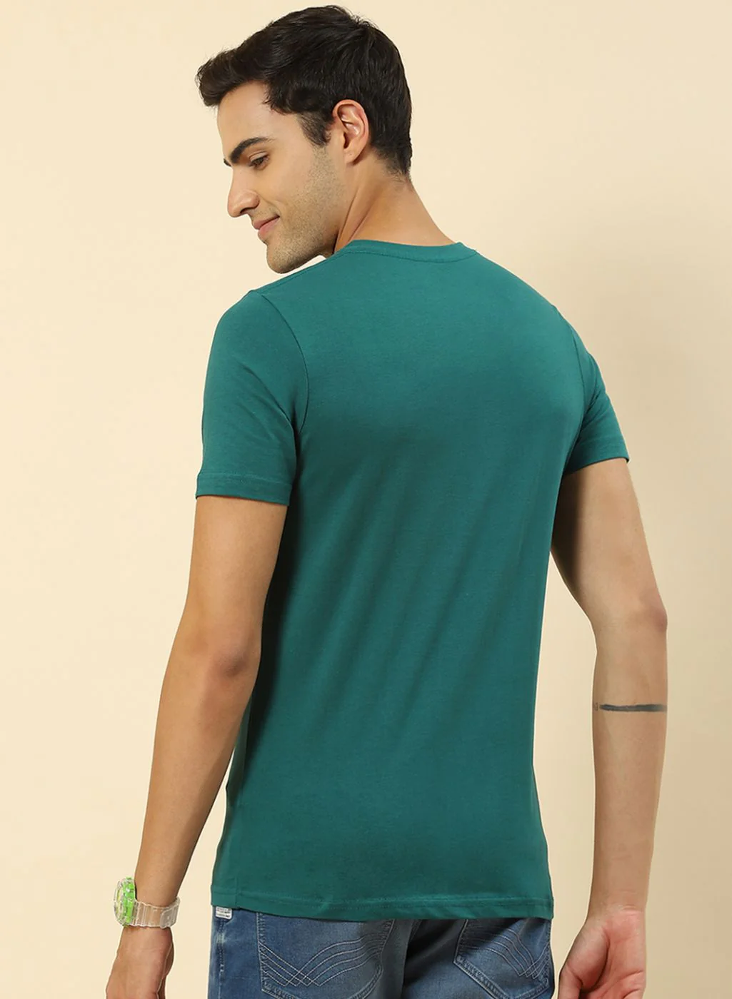 Men Sky Blue, Green & Navy Blue Pack of 3 Plain T-Shirt - Image 5