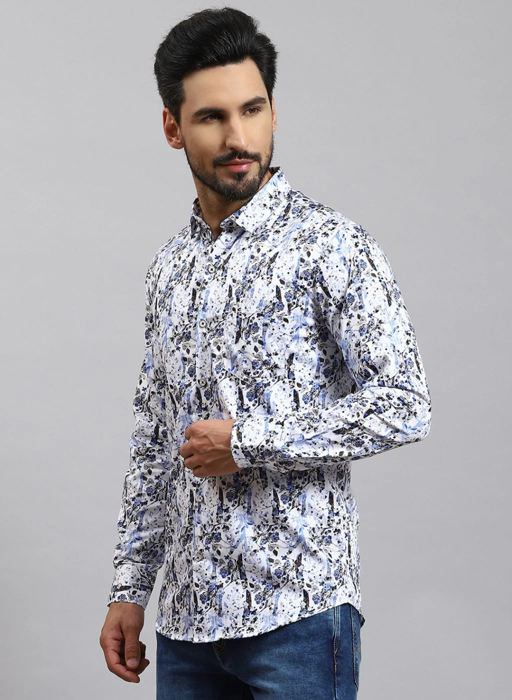 Men Blue Printed Pure Cotton Shirt - Image 3