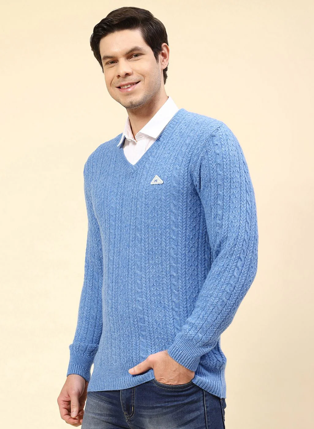 Men Blue Self Design Lamb wool Pullover - Image 3