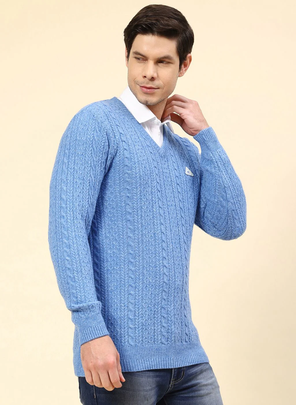 Men Blue Self Design Lamb wool Pullover - Image 4