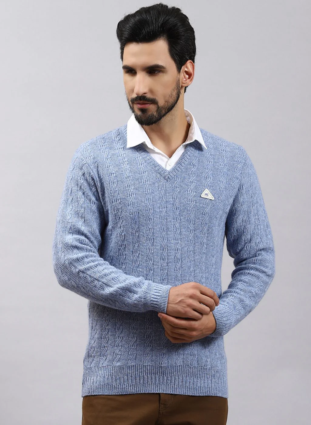 Men Blue Self Design Lamb wool Pullover - Image 2